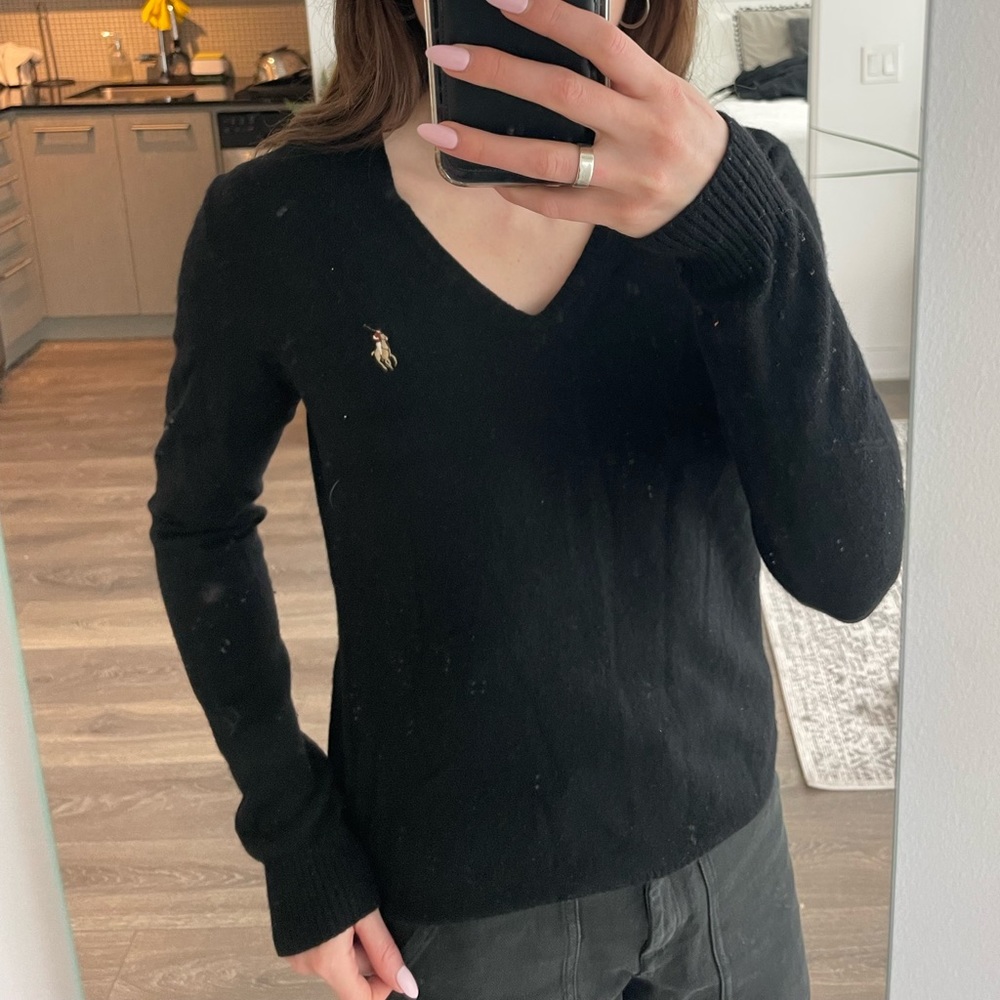 Polo - Ralph Lauren Sport Logo V Neck Sweater, Black